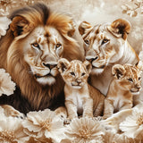 Glasschilderij - Exclusive - Liggend - Sora Leeuwenfamilie 2 Welpjes - (Japandi Stijl)