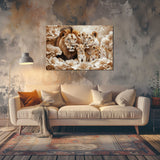 Glasschilderij - Exclusive - Liggend - Sora Leeuwenfamilie 2 Welpjes - (Japandi Stijl)