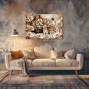 Glasschilderij - Exclusive - Liggend - Sora Leeuwenfamilie 2 Welpjes - (Japandi Stijl)