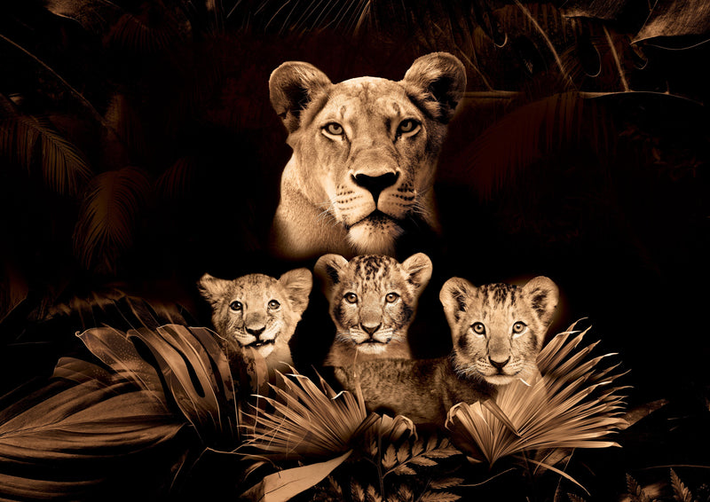 Glasschilderij - 150x100 / 120x80cm - Exclusive - Dieren - Lynn Leeuwen Familie Welpjes - 1, 2, 3, 4, 5 Welpen