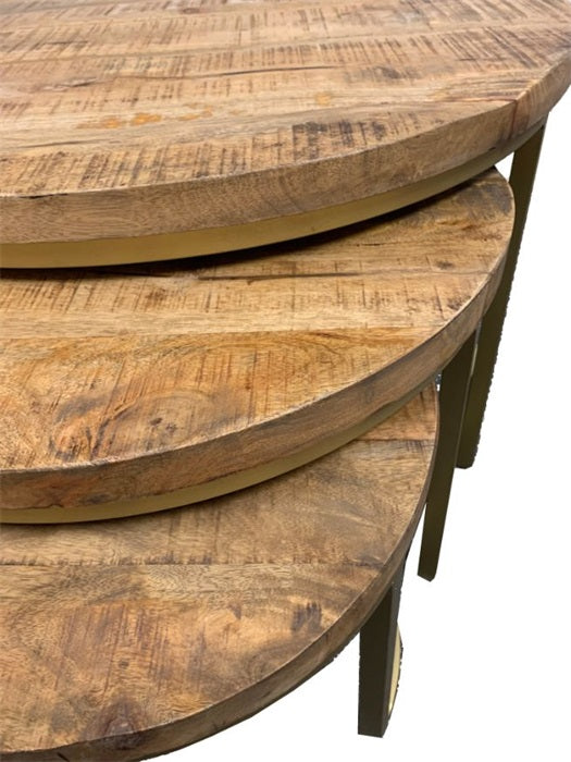 Ronde salontafel set van 3 - Mangohout Met Goud Onderstel - Ø76 Ø56 Ø41 - meubelboutique.nl