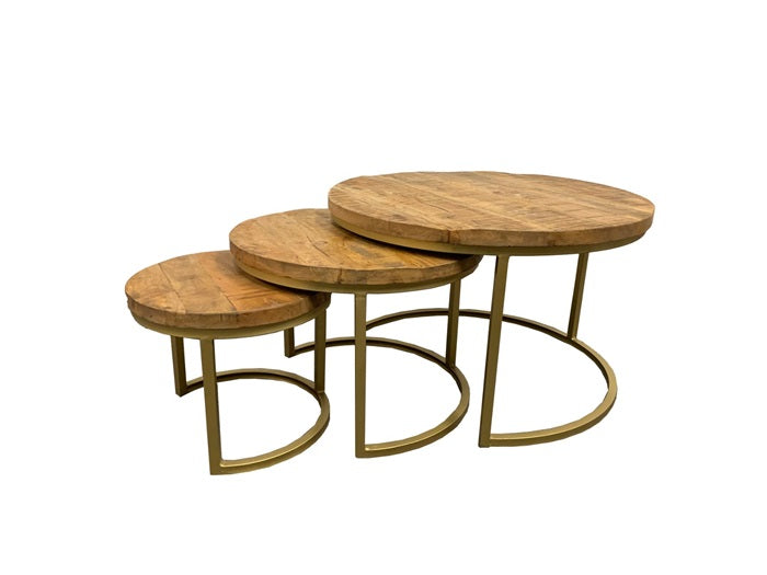 Ronde salontafel set van 3 - Mangohout Met Goud Onderstel - Ø76 Ø56 Ø41 - meubelboutique.nl