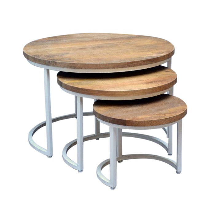 Ronde salontafel set van 3 - Mangohout Met Wit Onderstel - Ø76Ø56Ø41 - meubelboutique.nl
