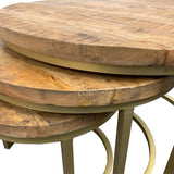 Ronde salontafel set van 3 - Mangohout Met Goud Onderstel - Ø76 Ø56 Ø41