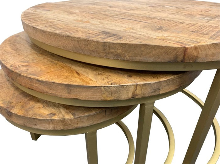 Ronde salontafel set van 3 - Mangohout Met Goud Onderstel - Ø76 Ø56 Ø41