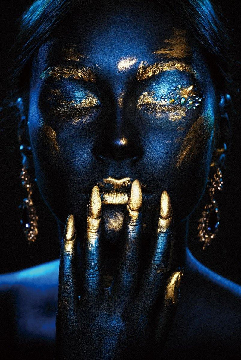 Glasschilderij - 120x80cm - Model - Neytiri Blauw / Goud Fashion Art - meubelboutique.nl