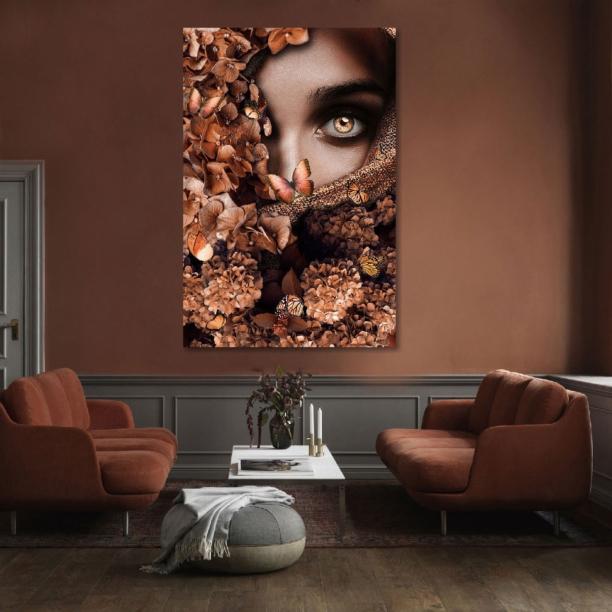 120x80cm - Fashion - Vrouw met rosé / brons Bloemen - Glasschilderij - meubelboutique.nl