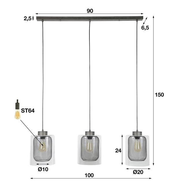 Modera - Hanglamp 3xØ20 raster-glas - Oud zilver