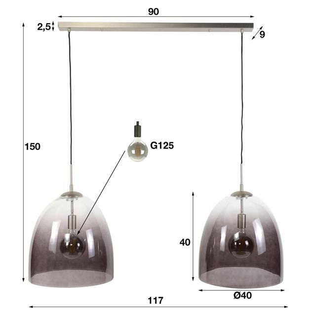 Modera - Hanglamp 2x Ø40 shaded ovaal glas - Mat nikkel