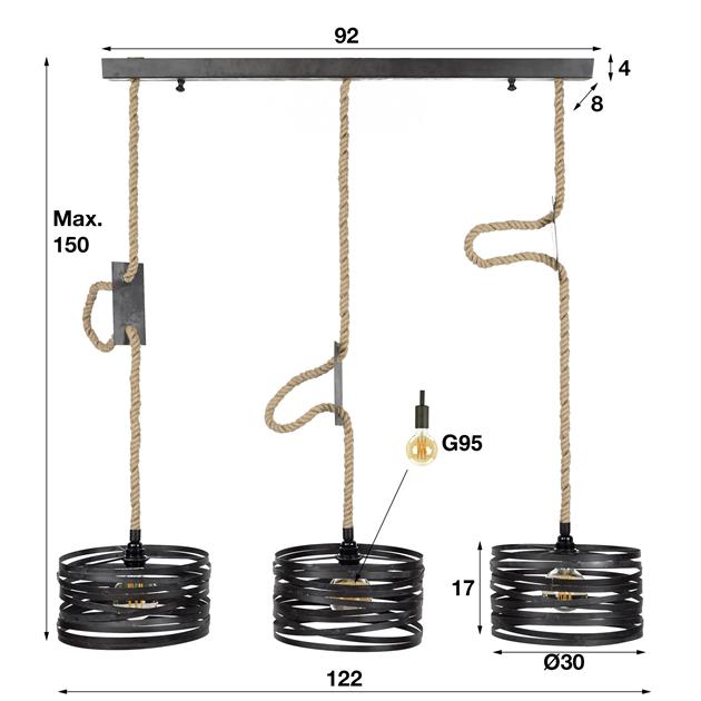 Modera - Hanglamp 3xØ30 twist verstelbaar touw - Slate grey
