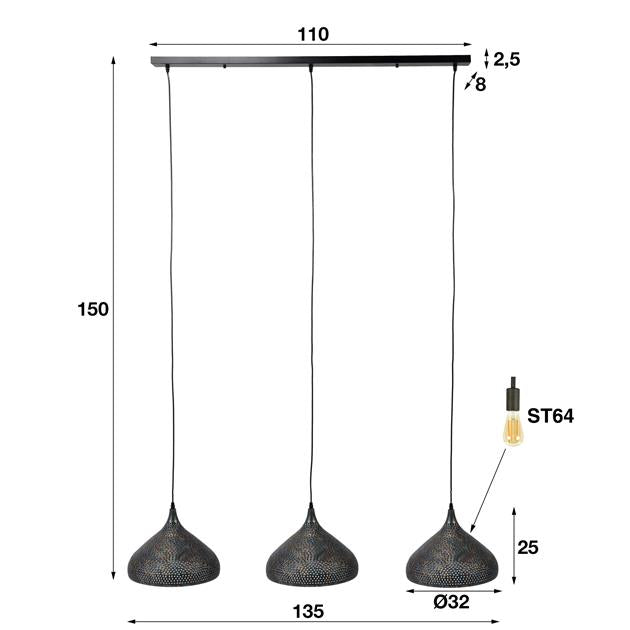 Modera - Hanglamp 3xØ32 punch trechter - Zwart bruin
