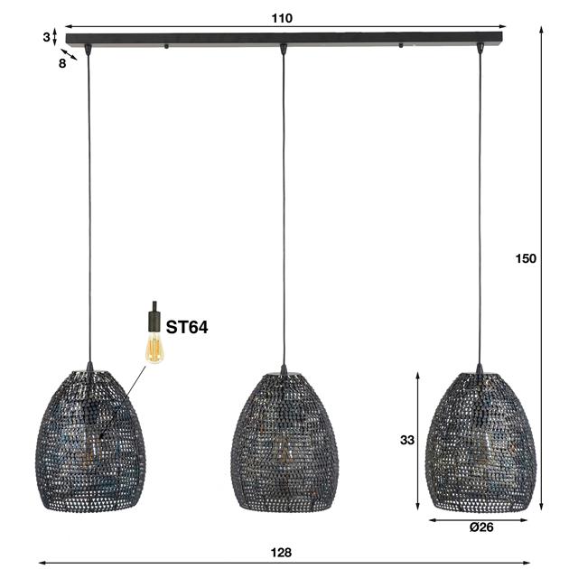 Modera - Hanglamp 3x Ø26 armor ovaal - Zwart bruin