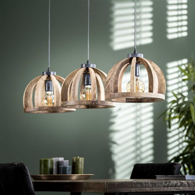 Modera - Hanglamp 3x Ø30 gebogen houten spijlen - Massief mango naturel