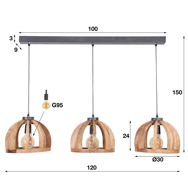 Modera - Hanglamp 3x Ø30 gebogen houten spijlen - Massief mango naturel
