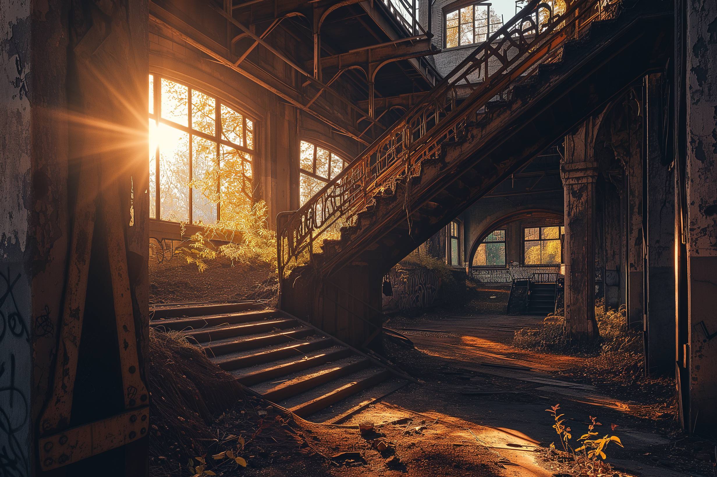 Glasschilderij - Exclusive - Liggend - Urbex Trappen Villa 150x100x0.4 cm