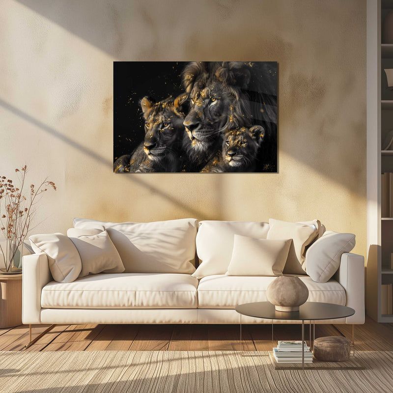 Glasschilderij - Exclusive - Liggend - Leeuwenfamilie 1 welpje, Leeuwenwacht - Gouden Eeuw Serie