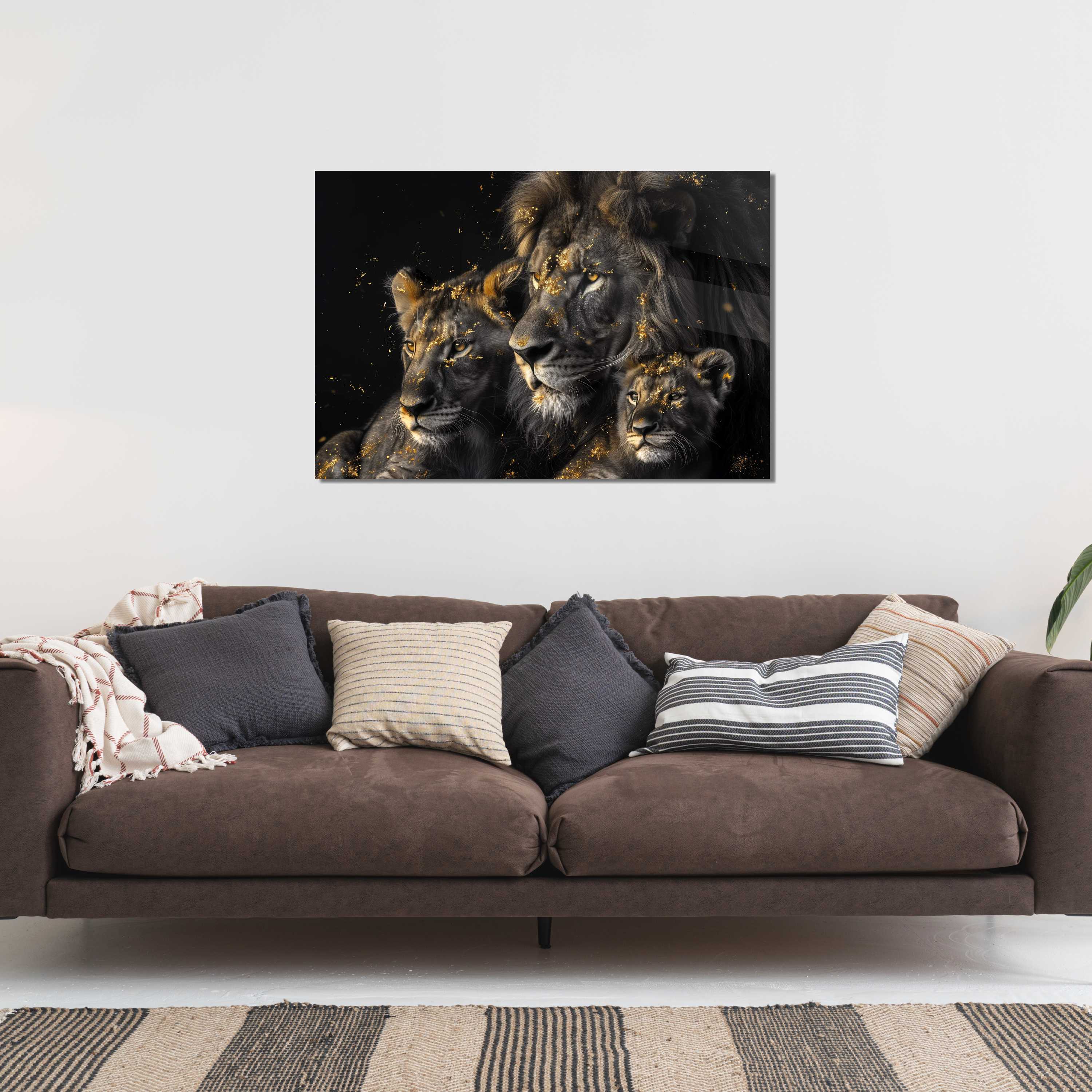 Glasschilderij - Exclusive - Liggend - Leeuwenfamilie 1 welpje, Leeuwenwacht - Gouden Eeuw Serie