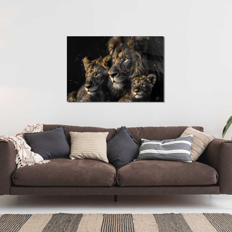 Glasschilderij - Exclusive - Liggend - Leeuwenfamilie 1 welpje, Leeuwenwacht - Gouden Eeuw Serie