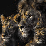 Glasschilderij - Exclusive - Liggend - Leeuwenfamilie 1 welpje, Leeuwenwacht - Gouden Eeuw Serie 150x100x0.4 cm