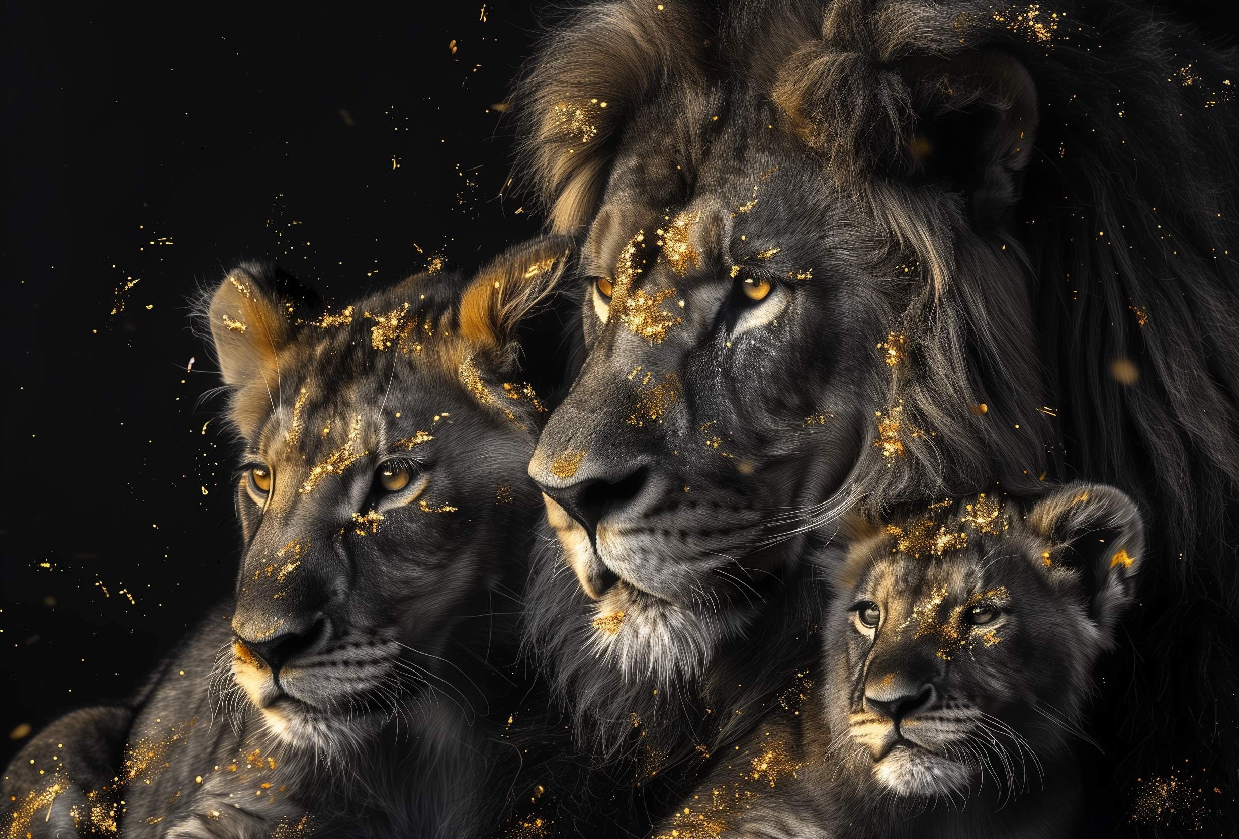 Glasschilderij - Exclusive - Liggend - Leeuwenfamilie 1 welpje, Leeuwenwacht - Gouden Eeuw Serie 150x100x0.4 cm