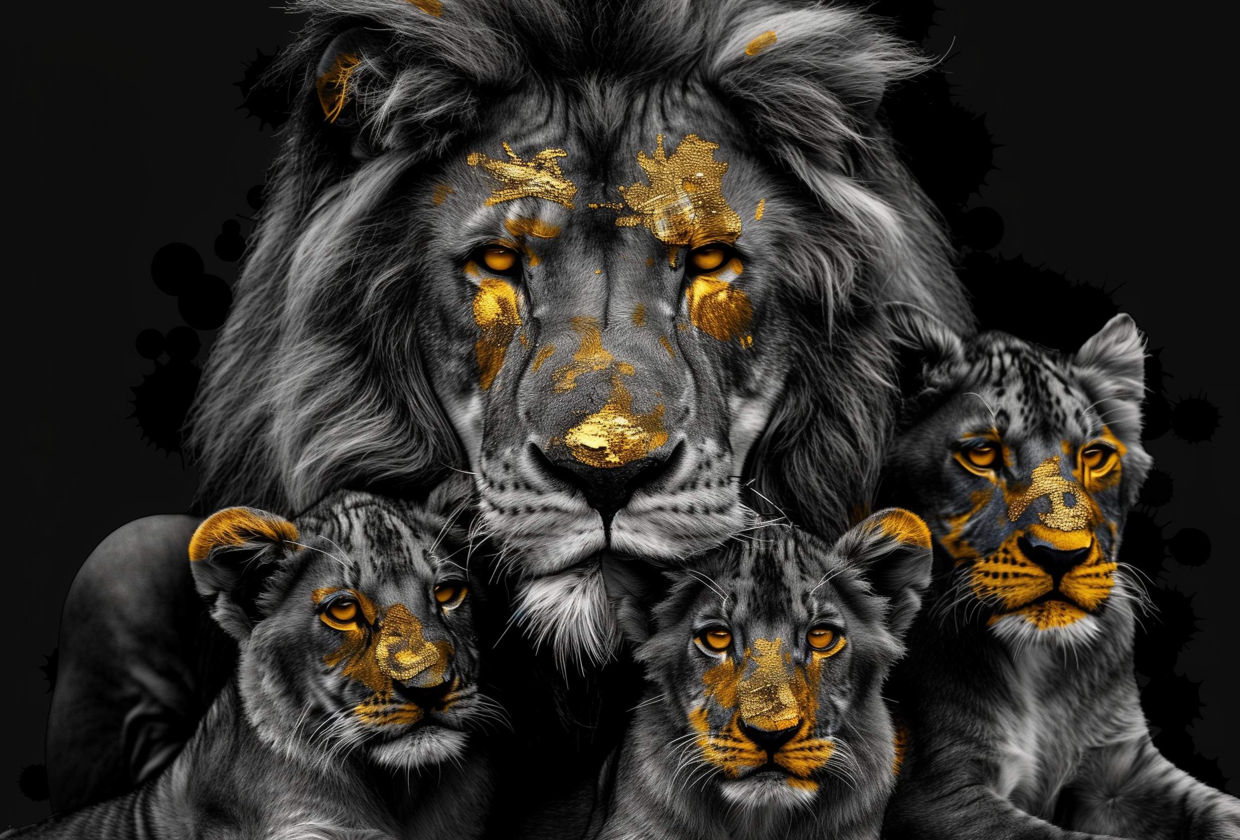 Glasschilderij - Exclusive - Liggend - Leeuwenfamilie 3 Welpjes Nora - Gouden Eeuw Serie 150x100x0.4 cm