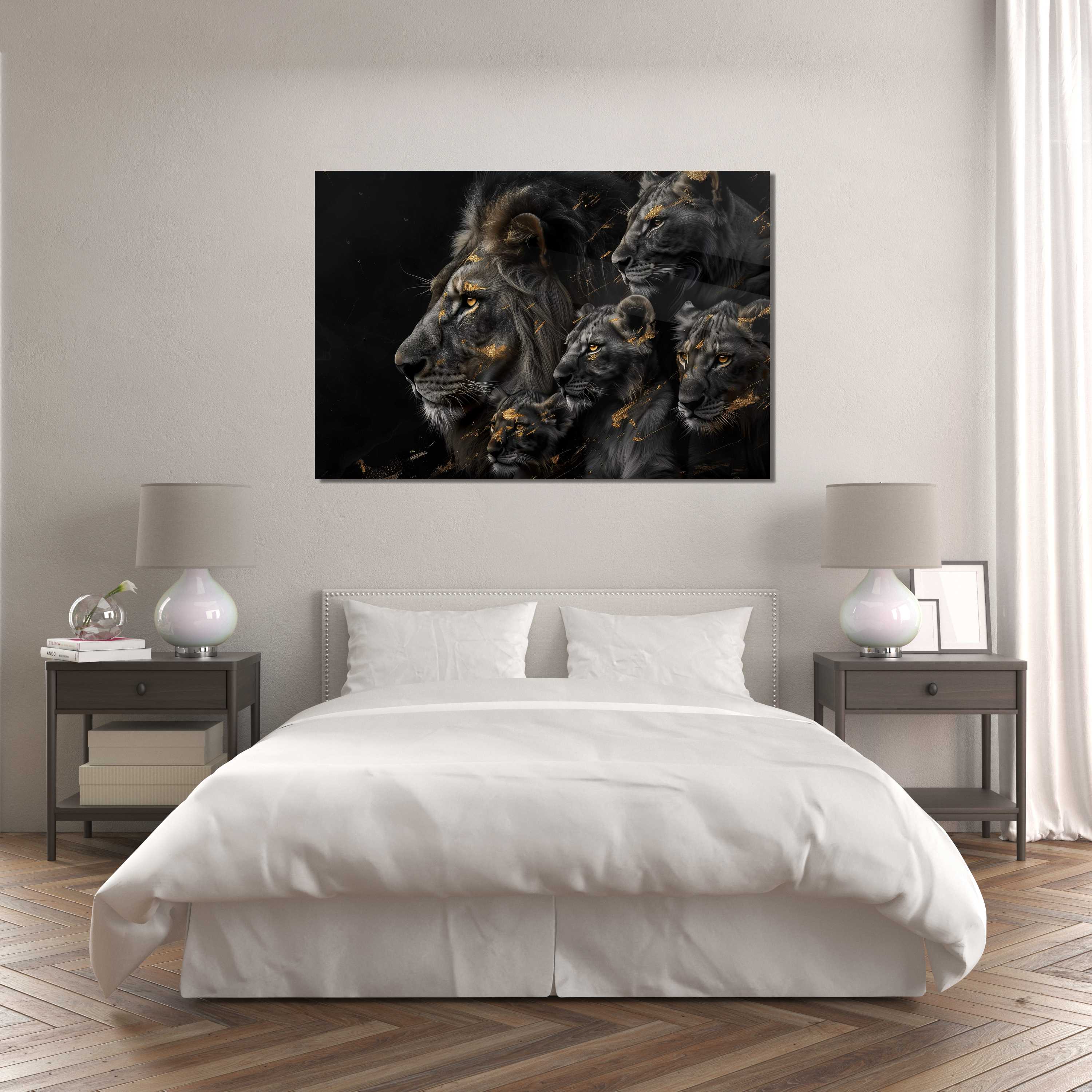 Glasschilderij - Exclusive - Liggend - Leeuwenfamilie 3 Welpjes, de Palmen - Gouden Eeuw Serie