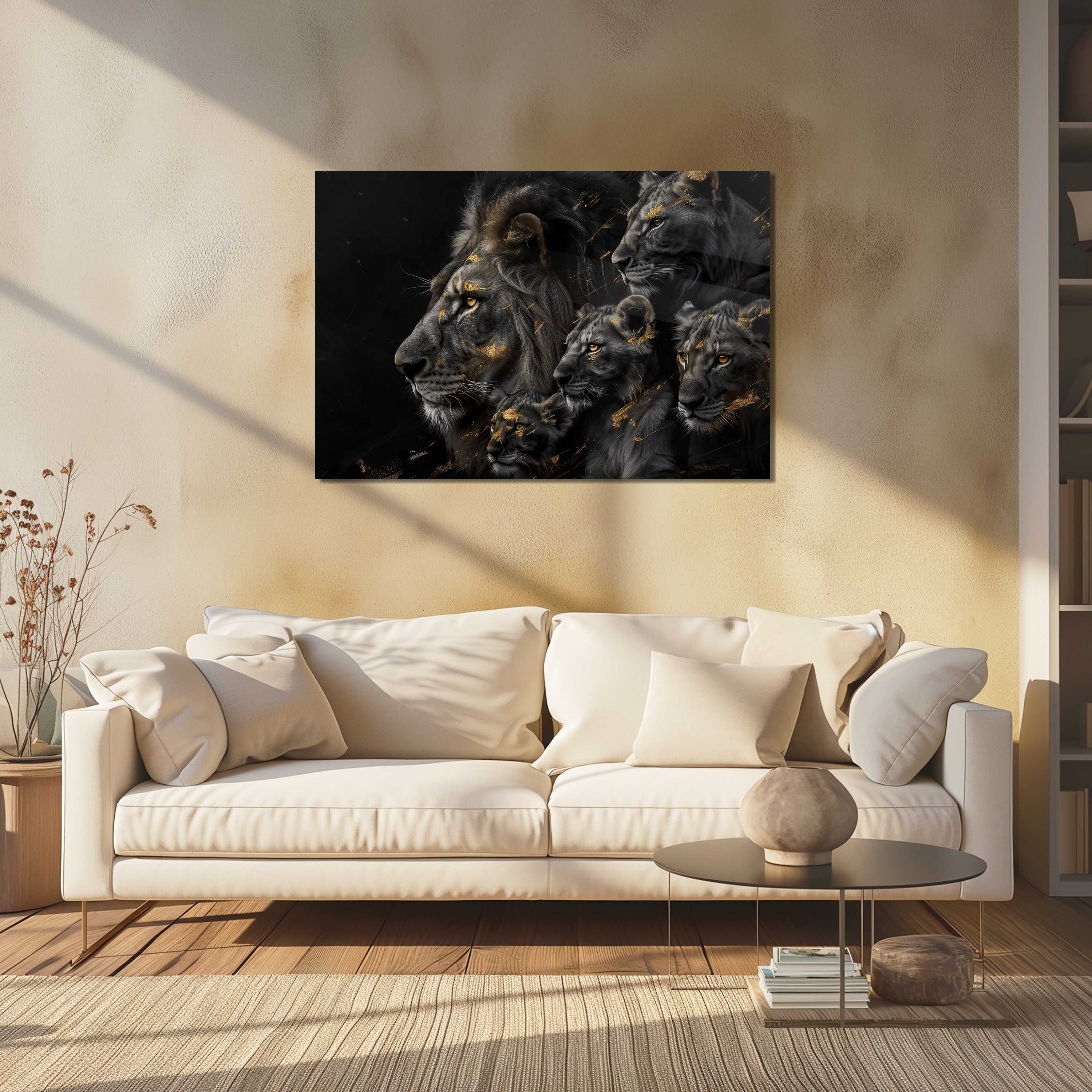 Glasschilderij - Exclusive - Liggend - Leeuwenfamilie 3 Welpjes, de Palmen - Gouden Eeuw Serie