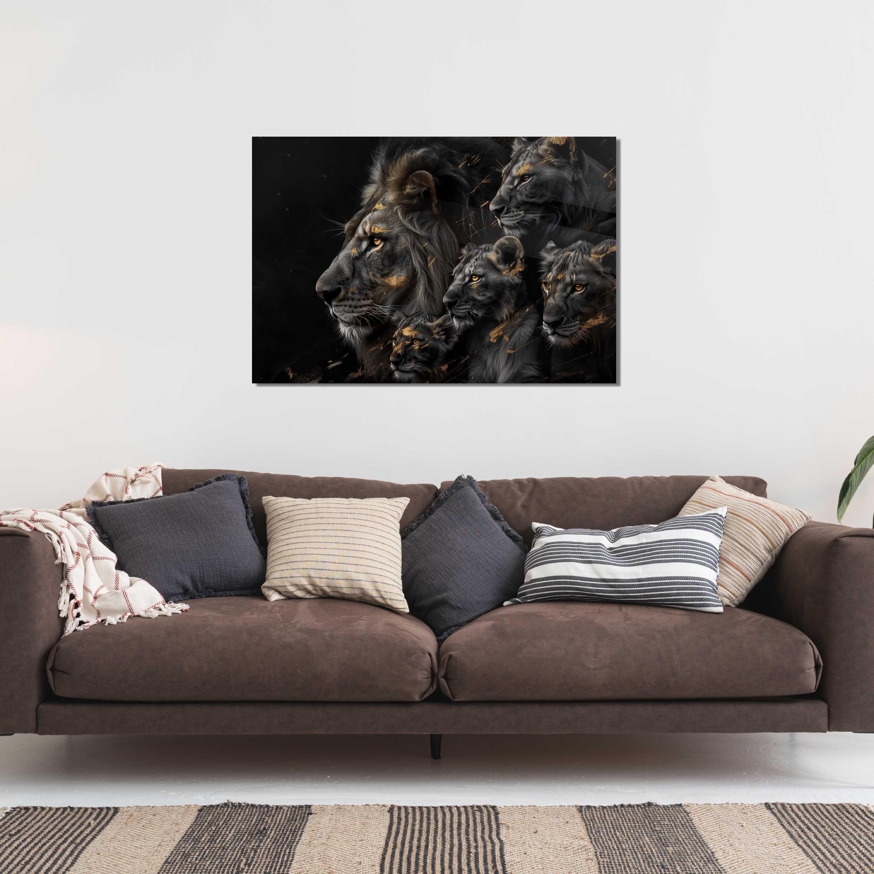 Glasschilderij - Exclusive - Liggend - Leeuwenfamilie 3 Welpjes, de Palmen - Gouden Eeuw Serie