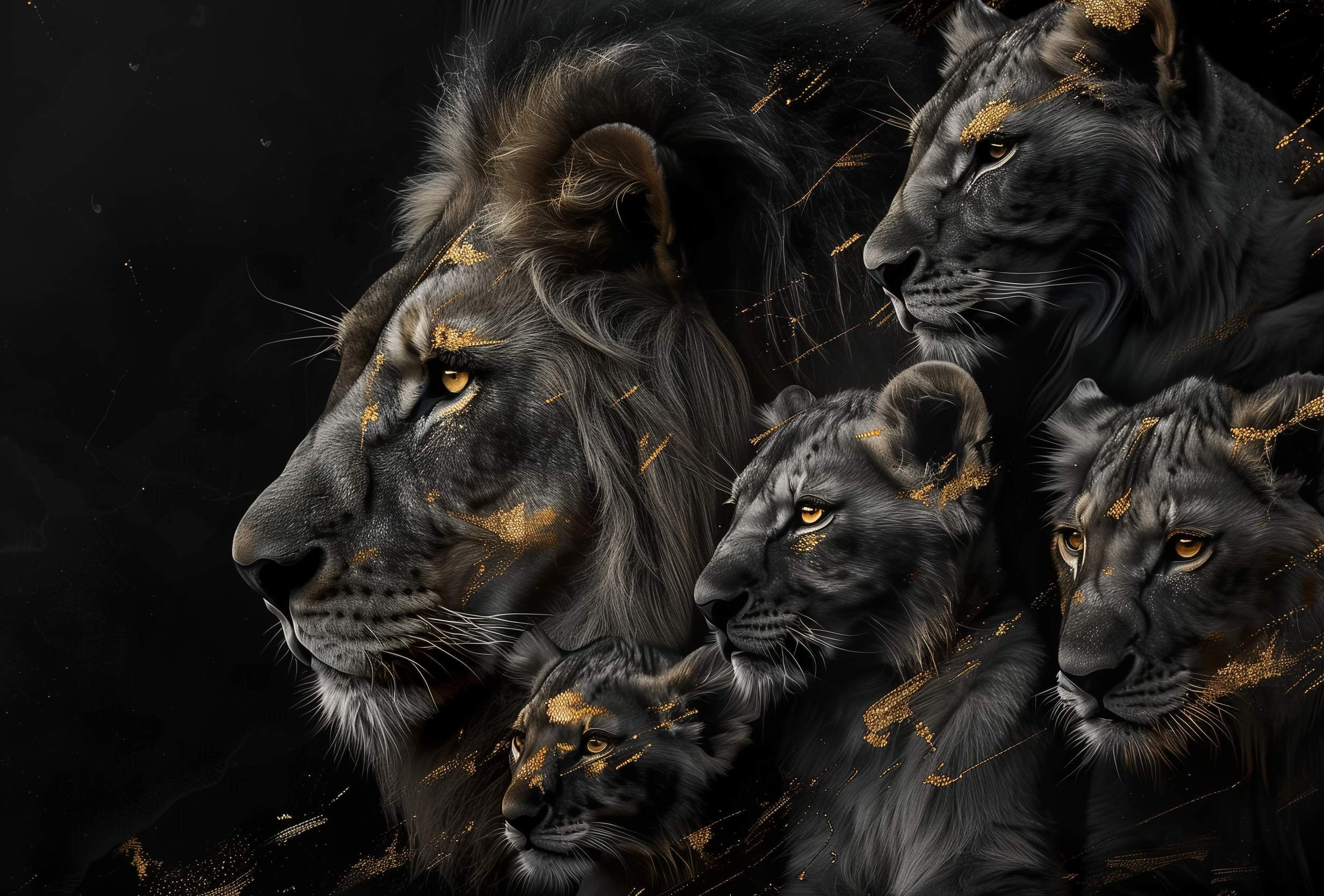 Glasschilderij - Exclusive - Liggend - Leeuwenfamilie 3 Welpjes, de Palmen - Gouden Eeuw Serie 150x100x0.4 cm