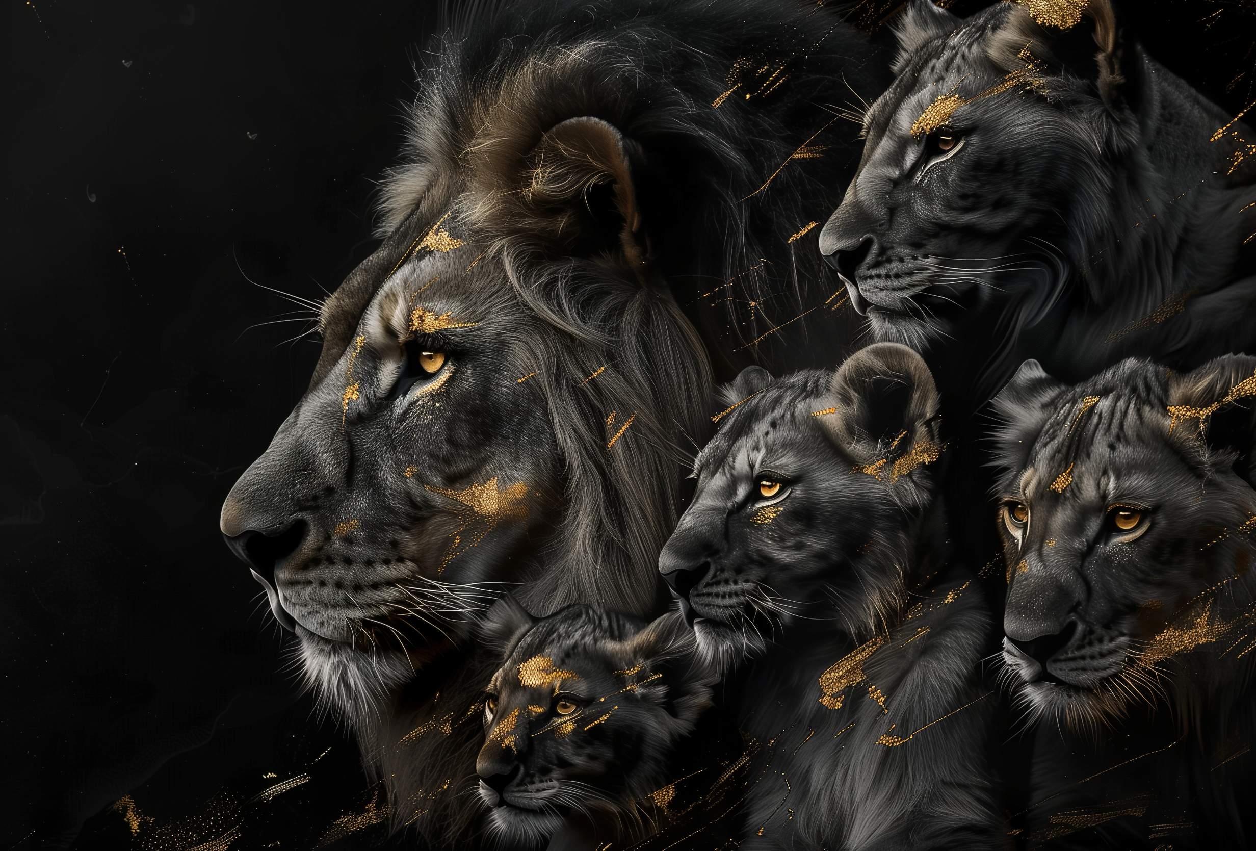 Glasschilderij - Exclusive - Liggend - Leeuwenfamilie 3 Welpjes, de Palmen - Gouden Eeuw Serie 150x100x0.4 cm