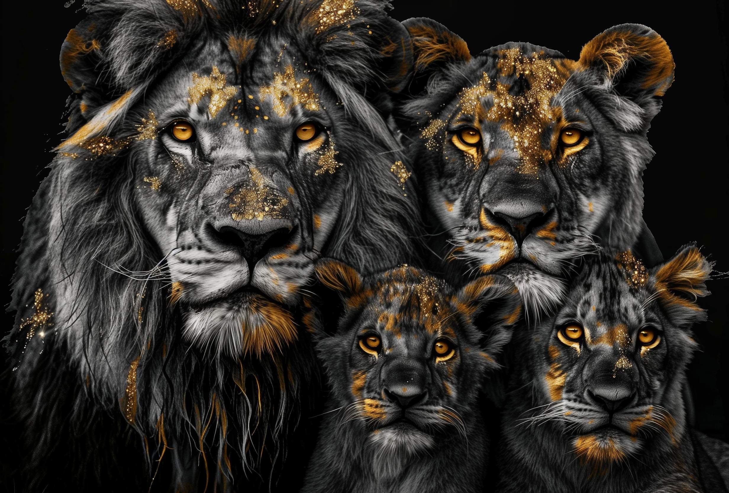 Glasschilderij - Exclusive - Liggend - Leeuwenfamilie 2 Welpjes, de Krijgers - Gouden Eeuw Serie 150x100x0.4 cm