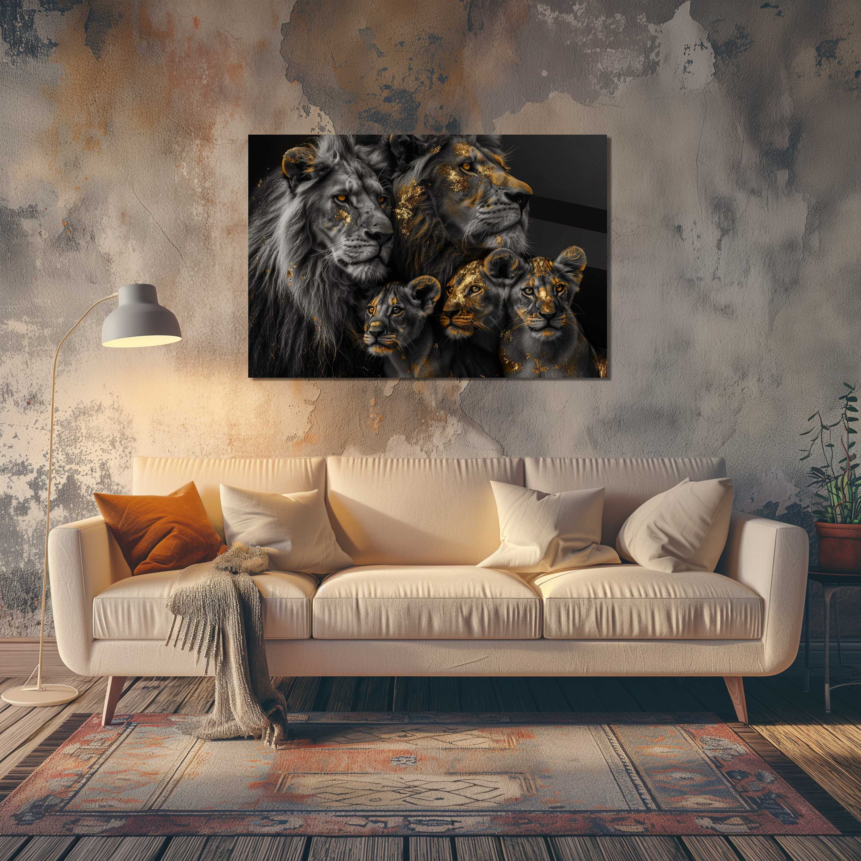 Glasschilderij - Exclusive - Liggend - Leeuwenfamilie 3 Welpjes Het Rijk - Gouden Eeuw Serie