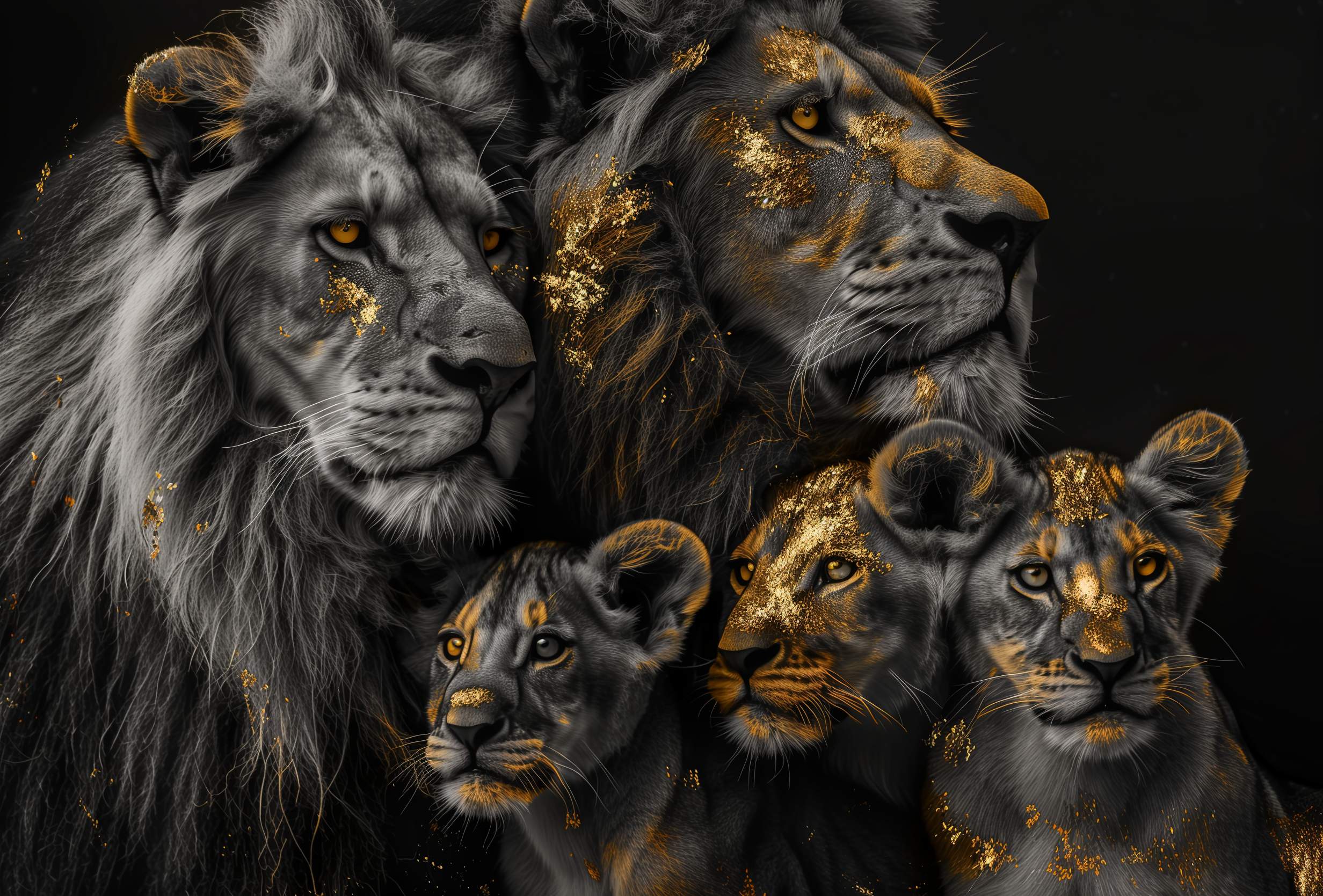 Glasschilderij - Exclusive - Liggend - Leeuwenfamilie 3 Welpjes Het Rijk - Gouden Eeuw Serie 150x100x0.4 cm