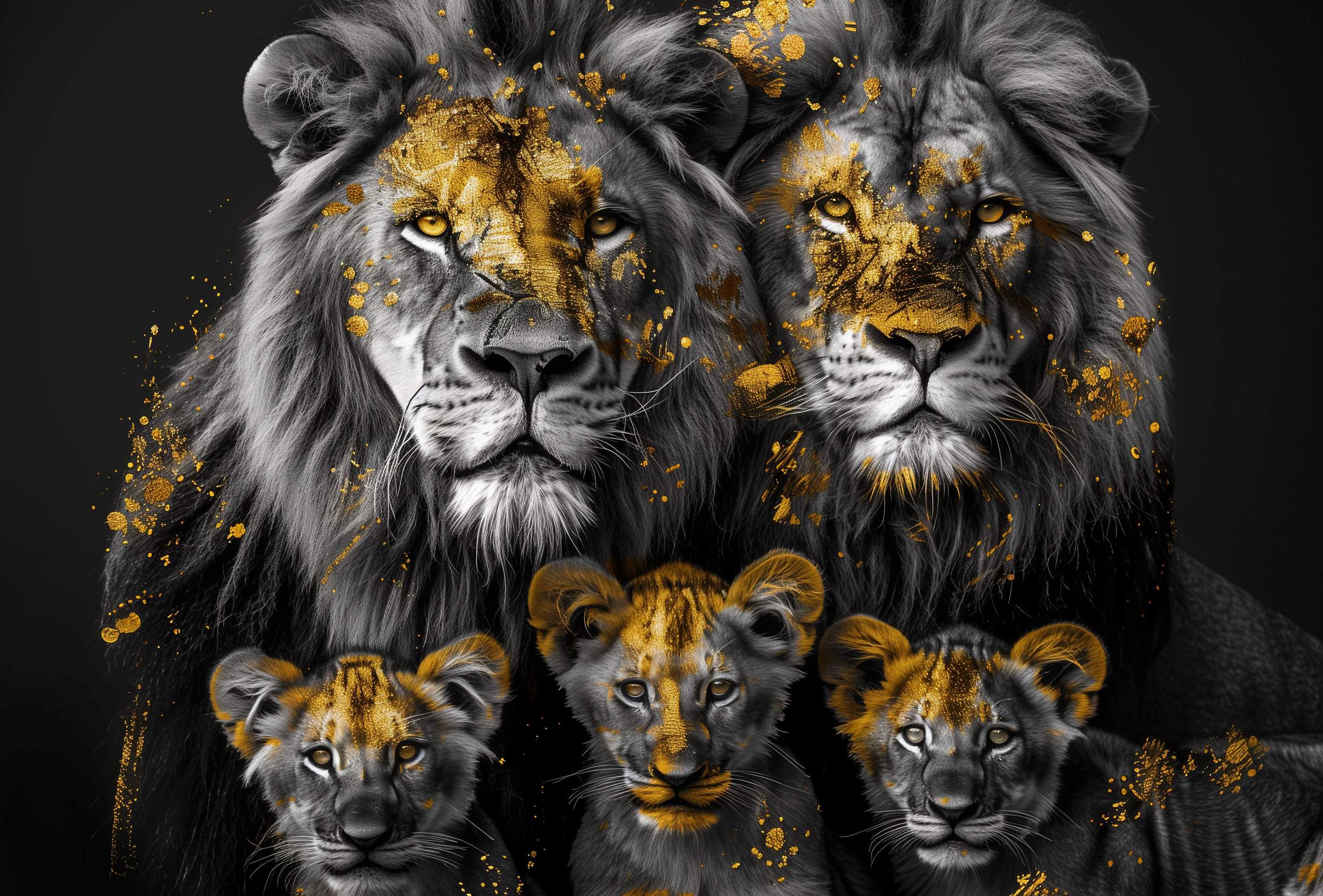 Glasschilderij - Exclusive - Liggend - Leeuwenfamilie 3 Welpjes Robin - Gouden Eeuw Serie 150x100x0.4 cm