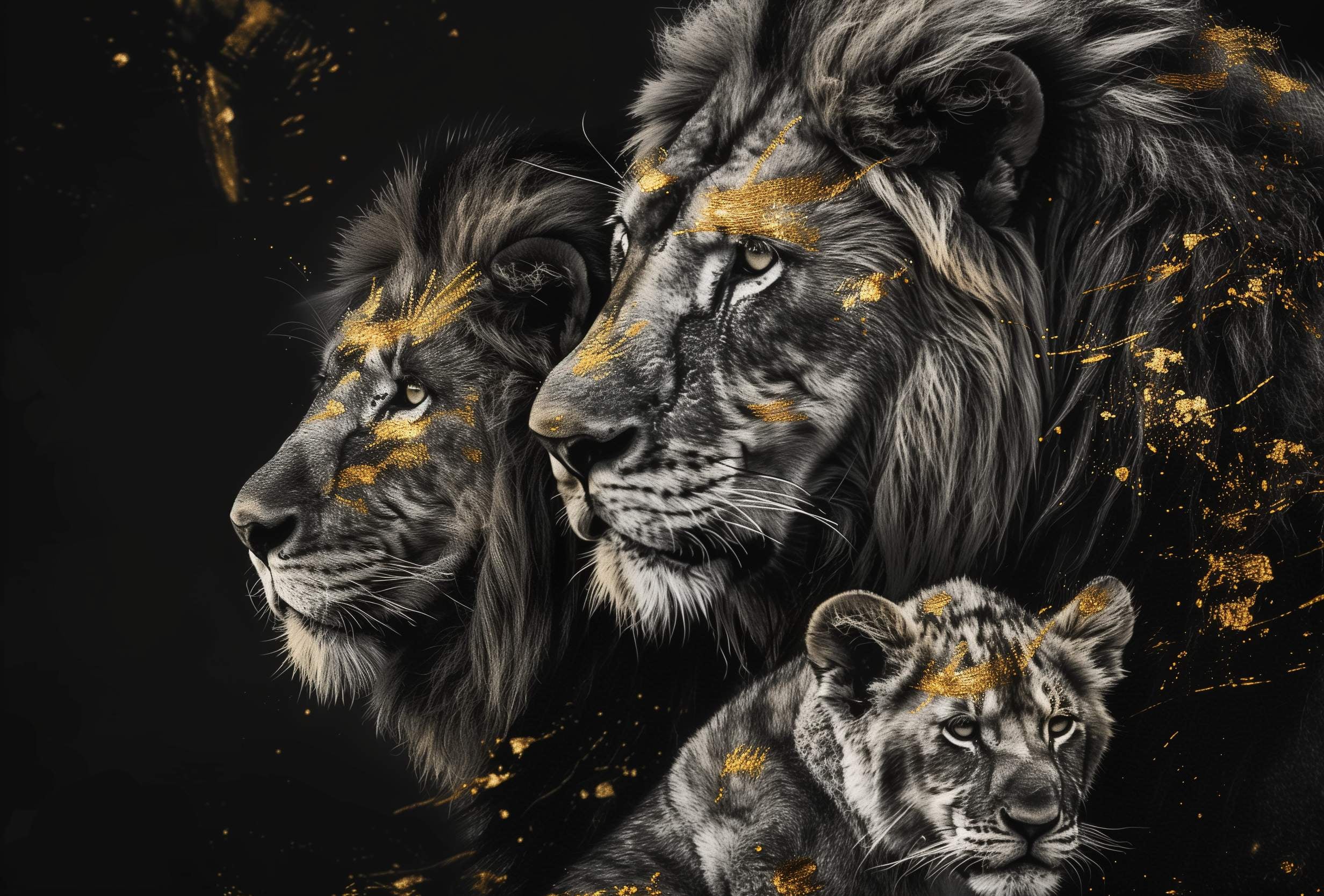 Glasschilderij - Exclusive - Liggend - Leeuwenfamilie 1 Welpje Carmen - Gouden Eeuw Serie 150x100x0.4 cm