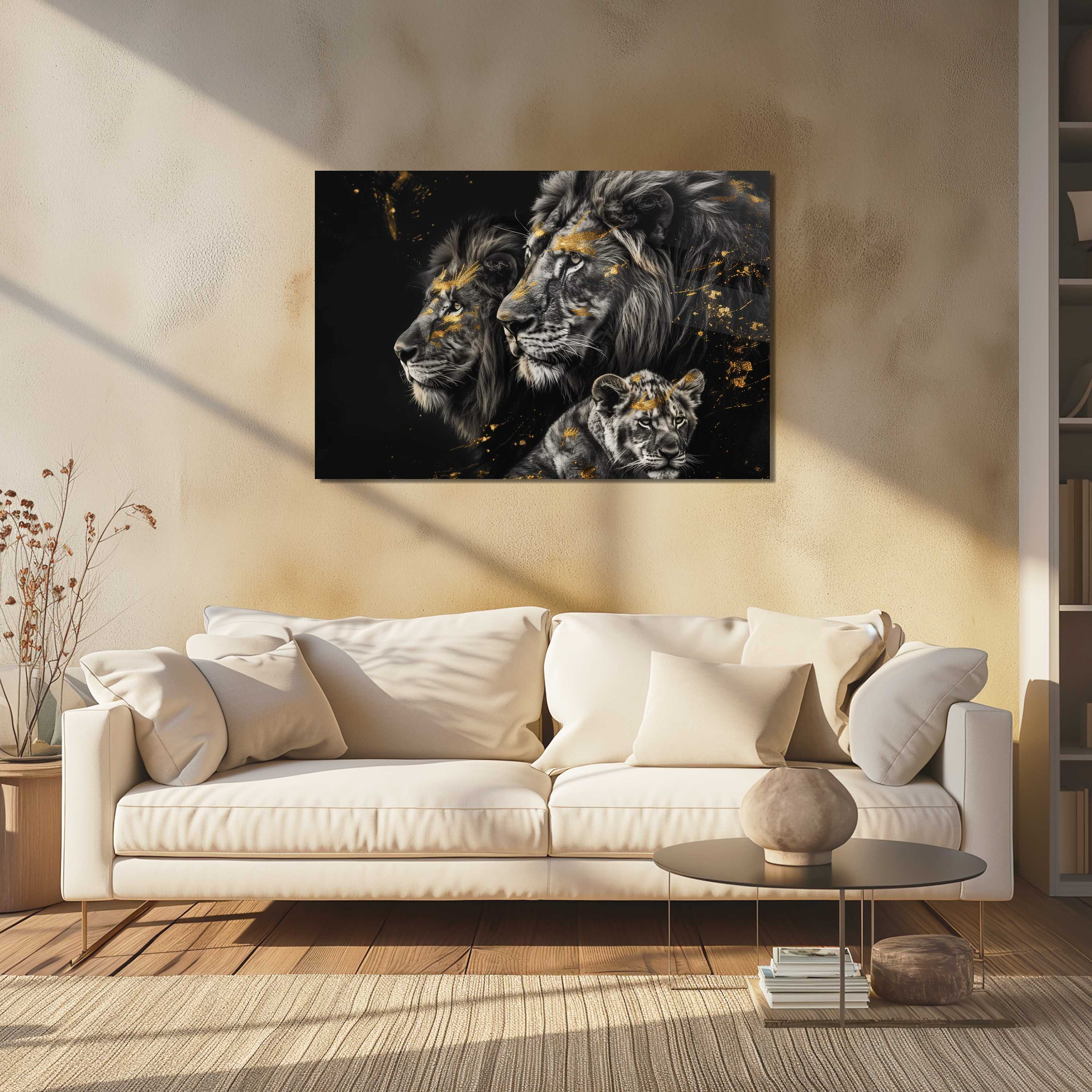 Glasschilderij - Exclusive - Liggend - Leeuwenfamilie 1 Welpje Carmen - Gouden Eeuw Serie