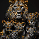 Glasschilderij - Exclusive - Liggend - Leeuwenfamilie 4 Welpen, Zanten - Gouden Eeuw Serie 150x100x0.4 cm