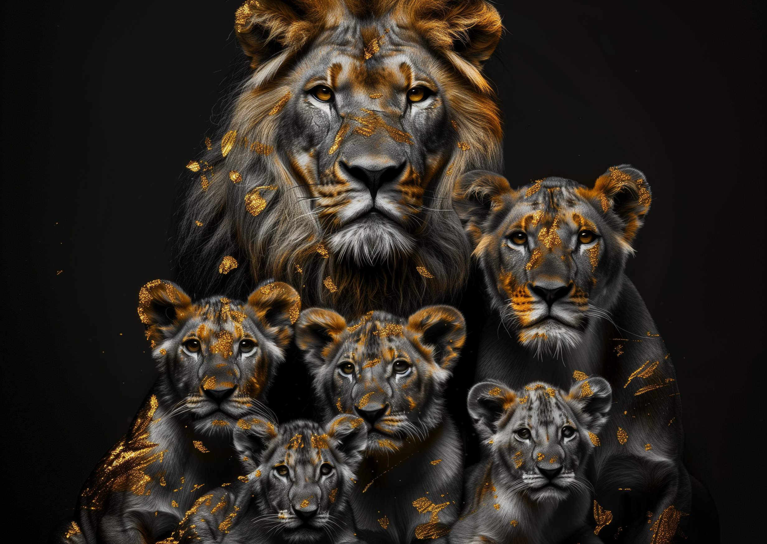 Glasschilderij - Exclusive - Liggend - Leeuwenfamilie 4 Welpen, Zanten - Gouden Eeuw Serie 150x100x0.4 cm