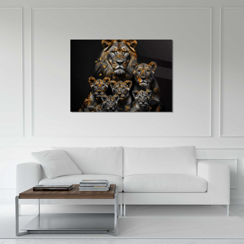 Glasschilderij - Exclusive - Liggend - Leeuwenfamilie 4 Welpen, Zanten - Gouden Eeuw Serie