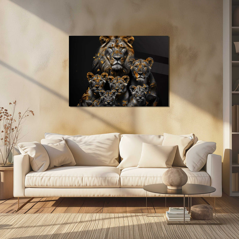 Glasschilderij - Exclusive - Liggend - Leeuwenfamilie 4 Welpen, Zanten - Gouden Eeuw Serie