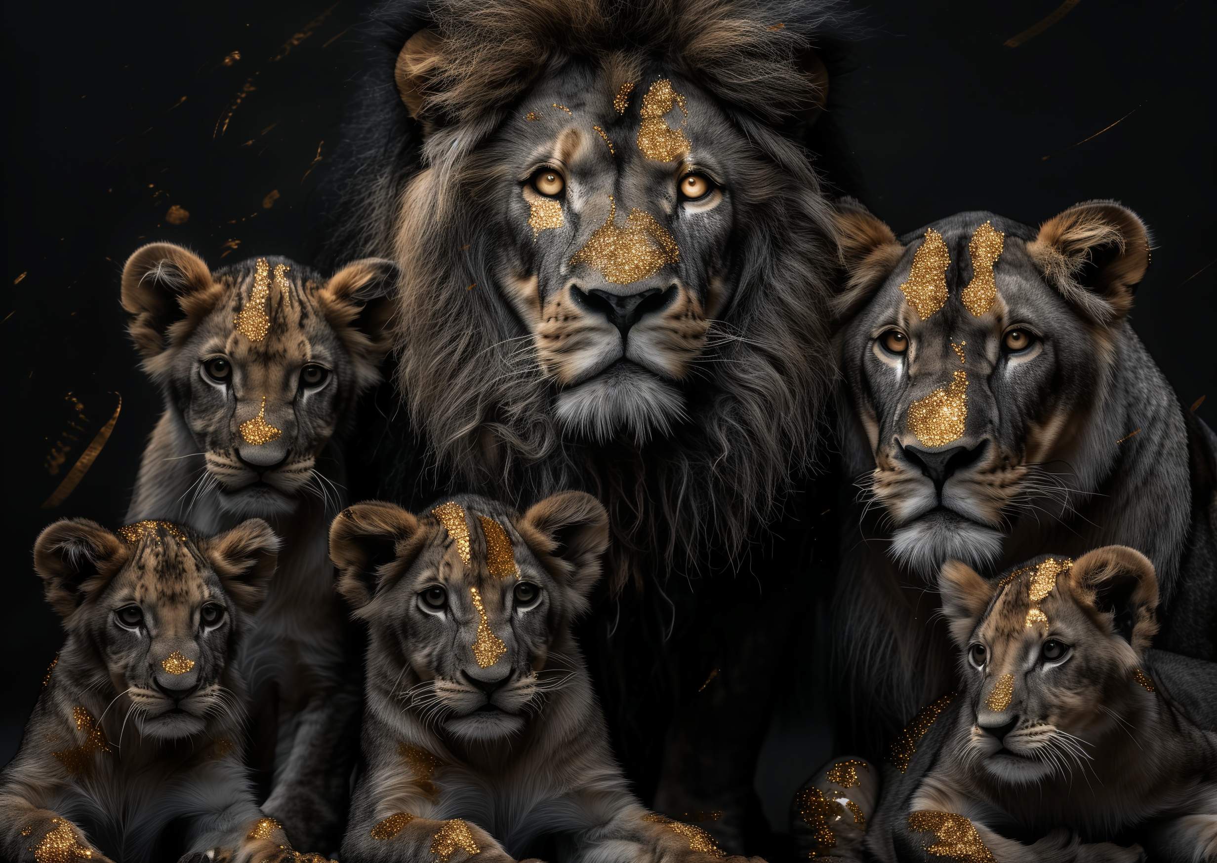 Glasschilderij - Exclusive - Liggend - Leeuwenfamilie 4 Welpen, van Loon - Gouden Eeuw Serie 150x100x0.4 cm