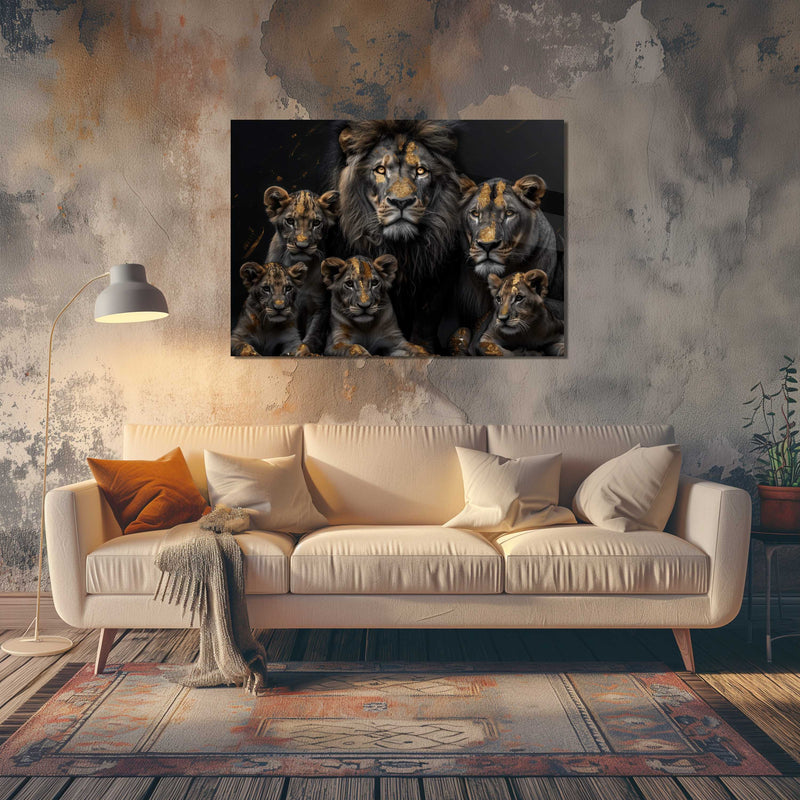 Glasschilderij - Exclusive - Liggend - Leeuwenfamilie 4 Welpen, van Loon - Gouden Eeuw Serie