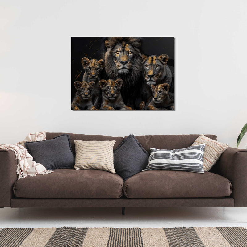 Glasschilderij - Exclusive - Liggend - Leeuwenfamilie 4 Welpen, van Loon - Gouden Eeuw Serie