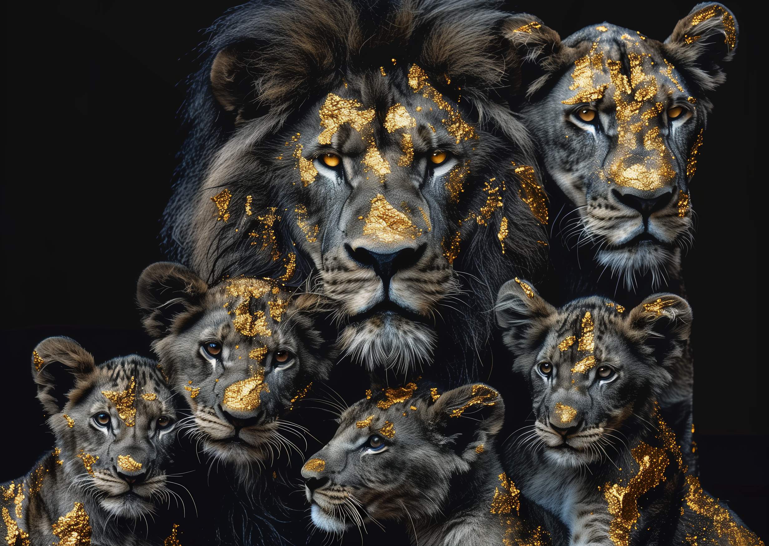 Glasschilderij - Exclusive - Liggend - Leeuwenfamilie 4 Welpen, Bosch - Gouden Eeuw Serie 150x100x0.4 cm