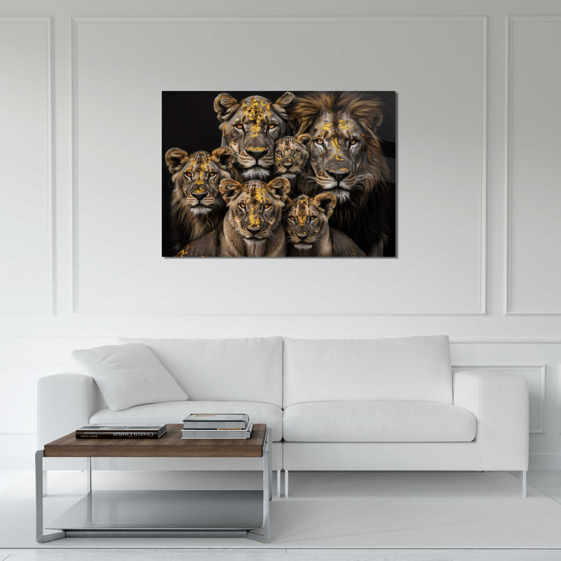 Glasschilderij - Exclusive - Liggend - Leeuwenfamilie 4 Welpen, van Rijn - Gouden Eeuw Serie