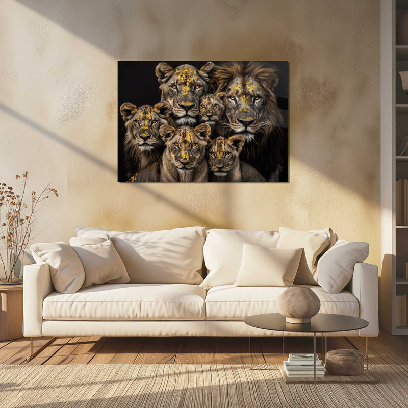 Glasschilderij - Exclusive - Liggend - Leeuwenfamilie 4 Welpen, van Rijn - Gouden Eeuw Serie
