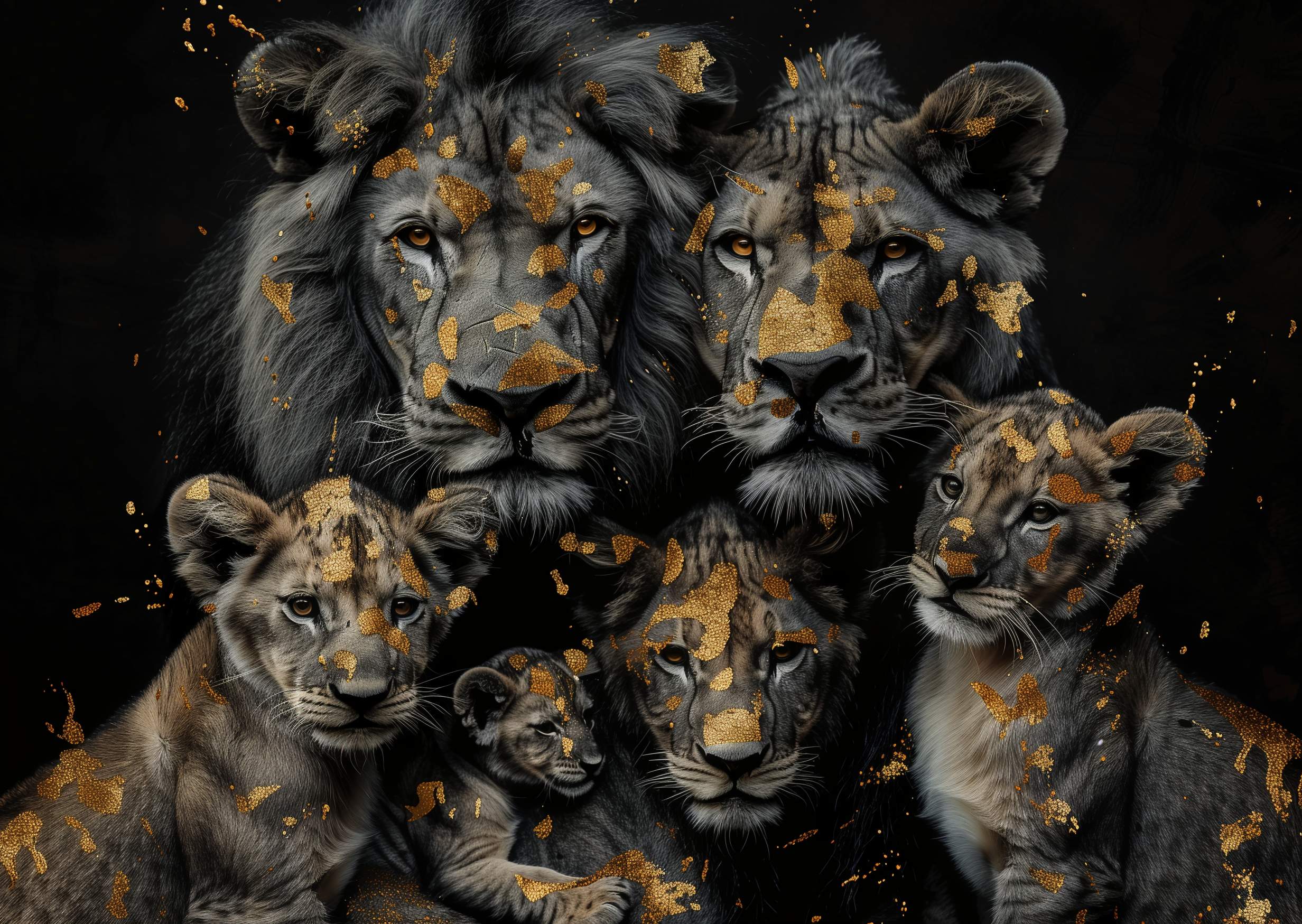 Glasschilderij - Exclusive - Liggend - Leeuwenfamilie 4 Welpen, Linden - Gouden Eeuw Serie 150x100x0.4 cm