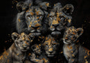 Glasschilderij - Exclusive - Liggend - Leeuwenfamilie 4 Welpen, Linden - Gouden Eeuw Serie 150x100x0.4 cm