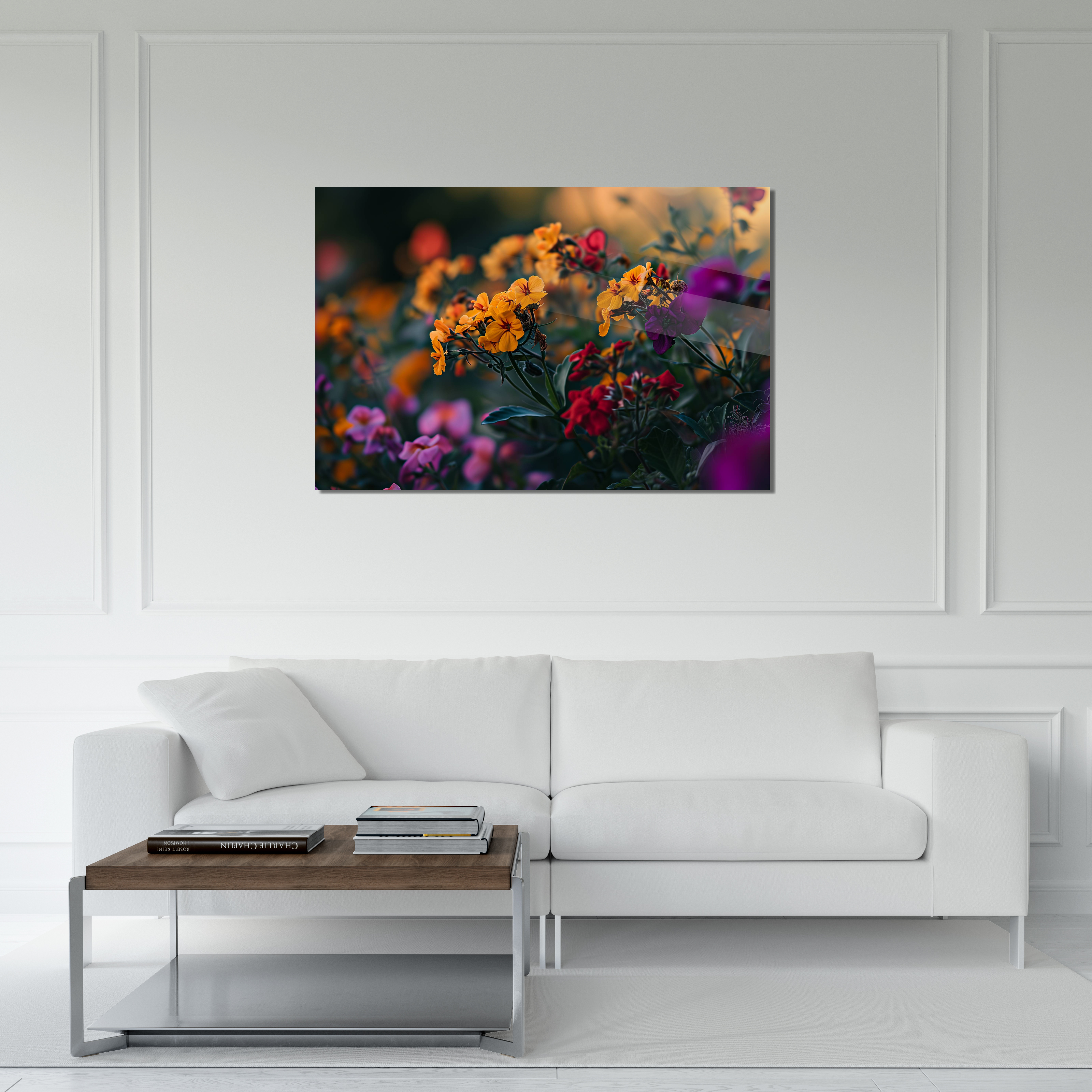 Glasschilderij - Exclusive - Liggend - Viooltjes Bloemen, Geel Paars