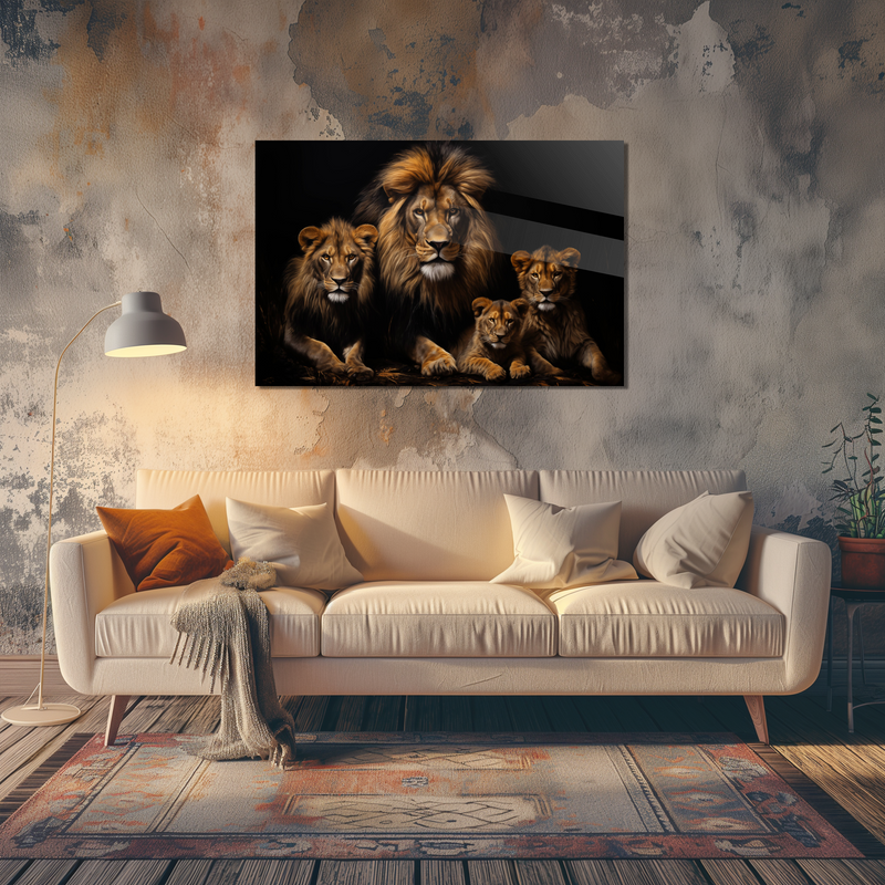 Glasschilderij - Exclusive - Liggend - Leeuwenfamilie 2 Welpen Wildernis